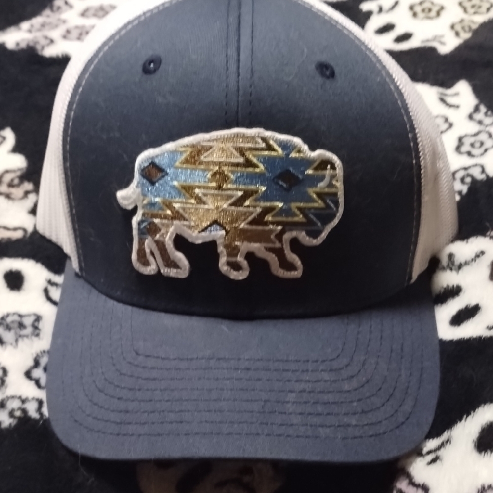 Navy and White Trucker Hat with Embroidered Buffalo